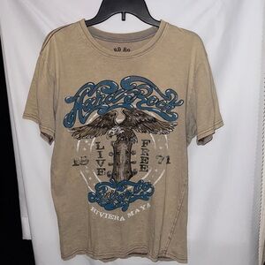 Hard Rock Cafe Men's Beige and Blue Graphic Tee